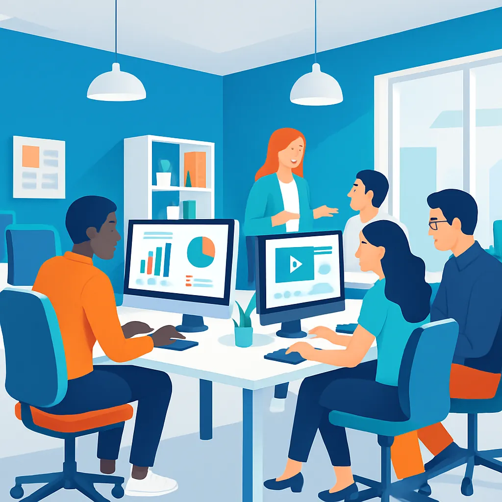 Creative marketing team collaborating in a modern digital workspace