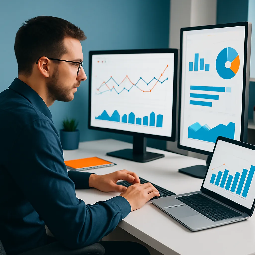 Digital marketing expert optimizing Google Ads campaign in a modern office