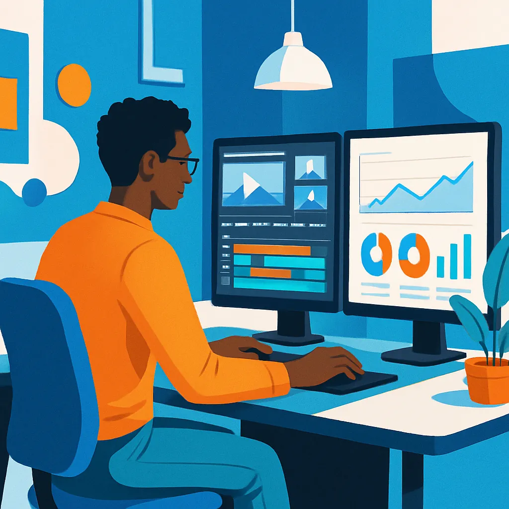 Creative professional producing video content and analyzing SEO metrics